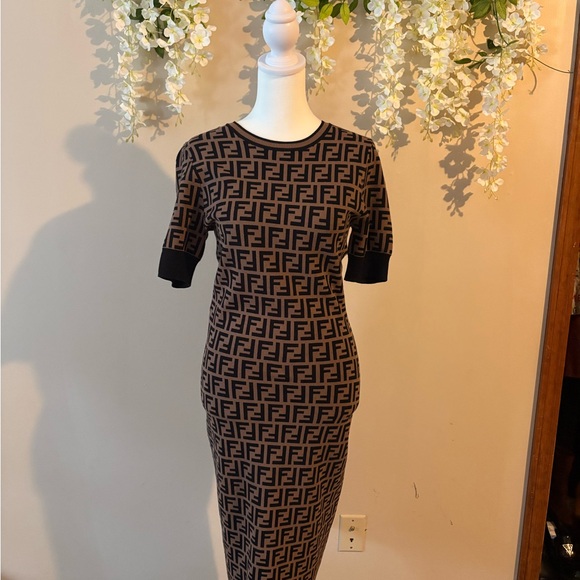 Fendi Black and Brown Logo Midi Dress - Picture 1 of 6